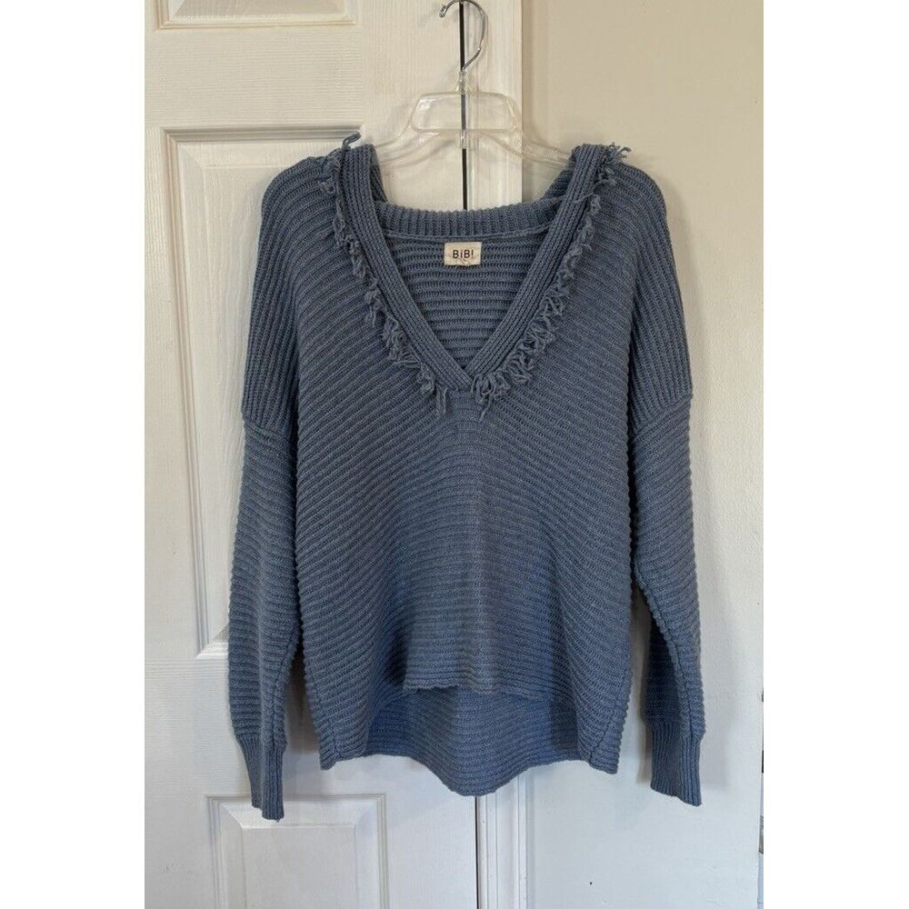 BIBI Hooded Knit Sweater Fringe‎ Blue Colored Women's S Pullover